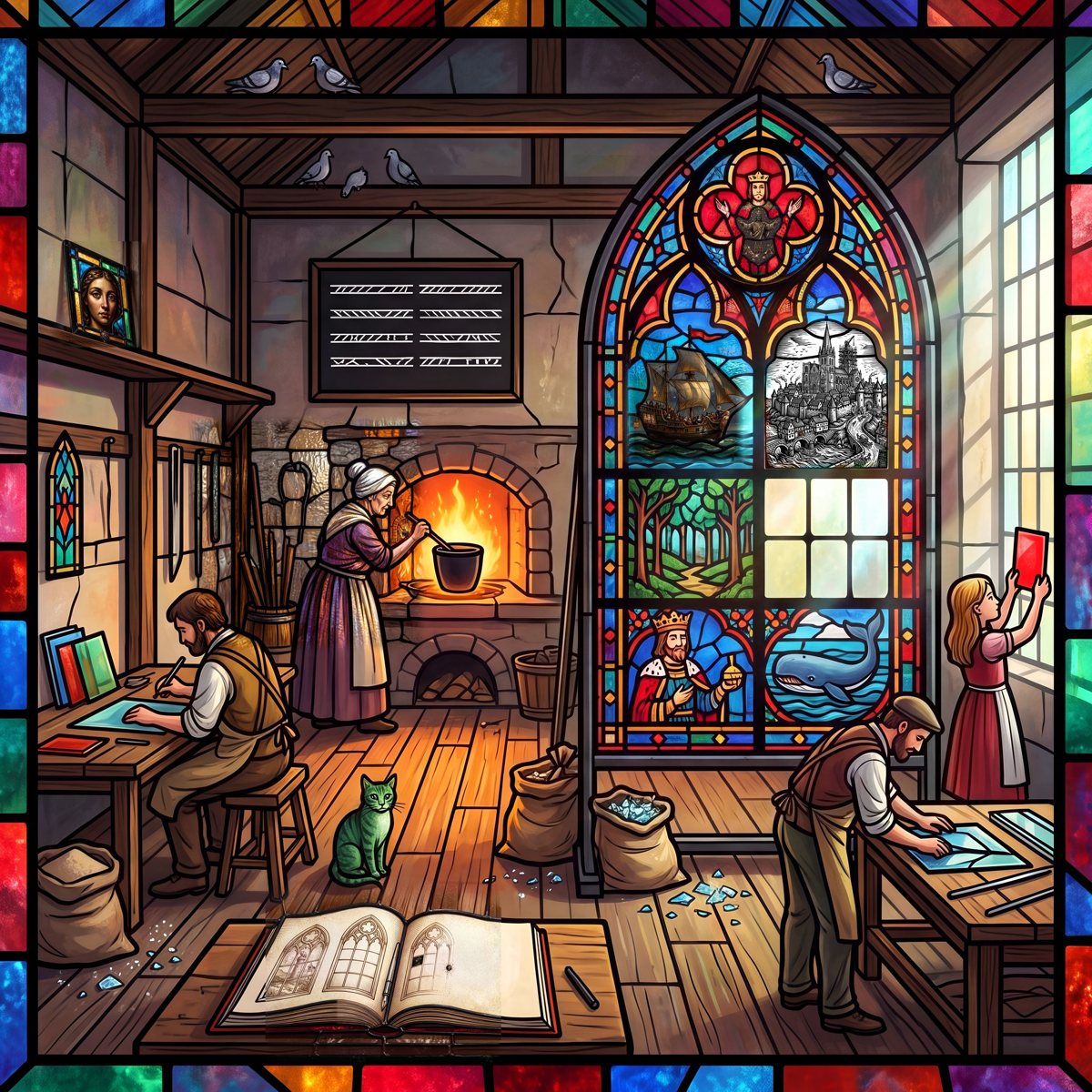 The Glass Painters: a workshop with a great stained-glass window. Tap to go in.