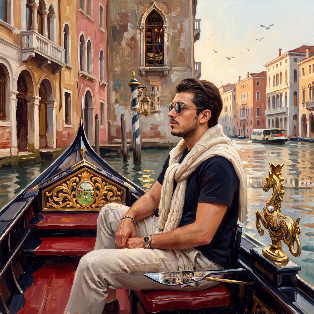 The Grand Tour: a young man in a gondola on the Grand Canal in Venice. Tap to go in.